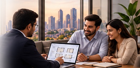 A property consultant reviewing apartment plans with homebuyers
